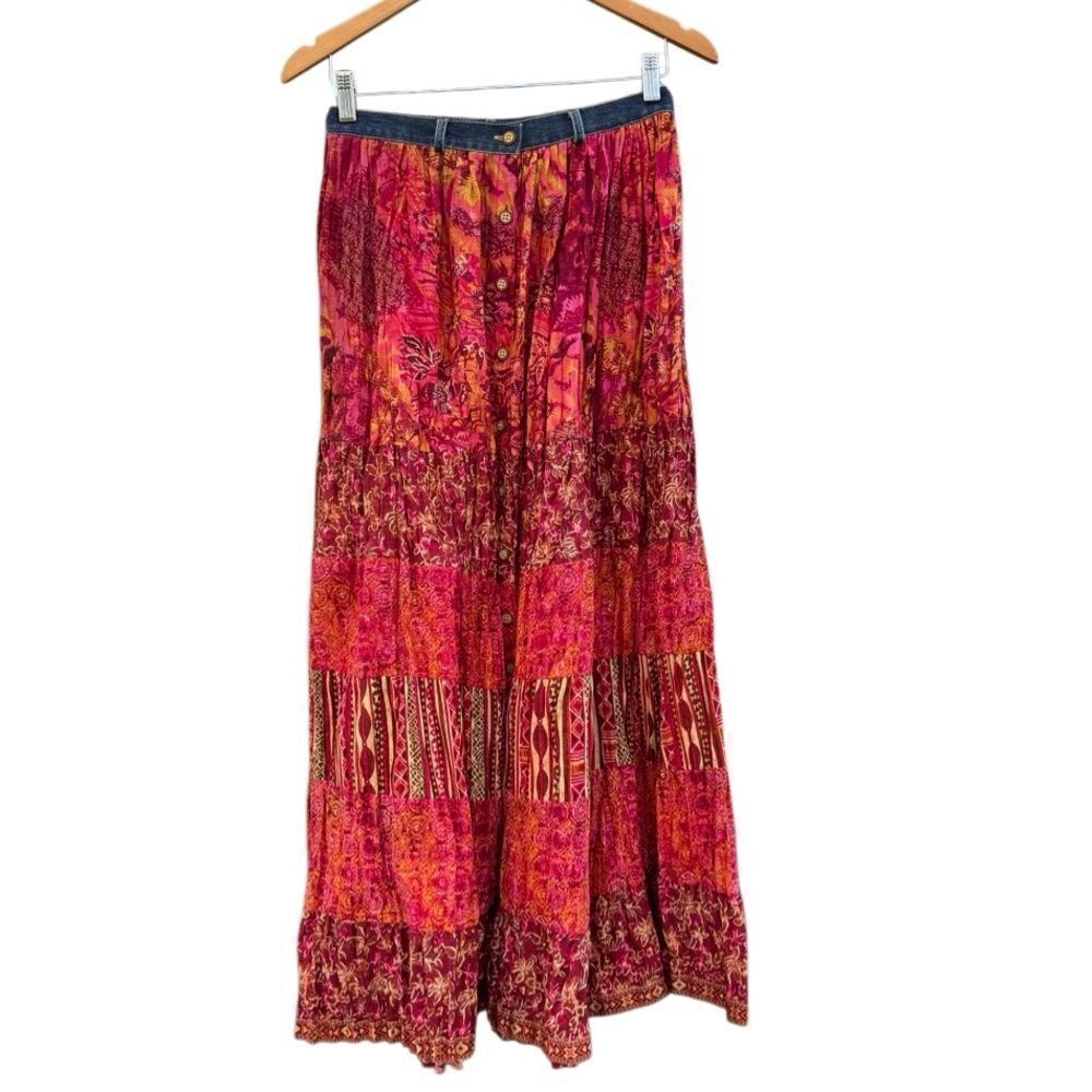 St. John's Bay Women's Vintage Boho Flowy Hippie Denim Trim Maxi Skirt Size 6